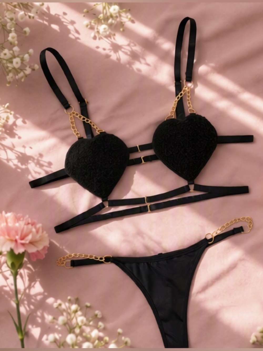 🎀 Black Teddy Heart Cup Strappy Bikini Lingerie Set 🎀 NWT